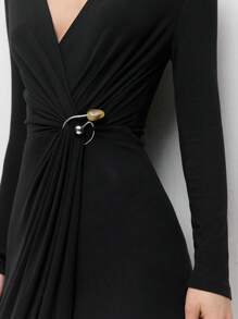 BizChic Black Elegant V-Neck Ruffle Metal Button Closure Long Sleeve Dress For Women, Spring/Summer