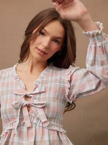 WESTFADE Summer Plaid Ruffle V Neck Bow Front Babydoll Peplum Long Sleeve Western Top - Multicolor - View 1