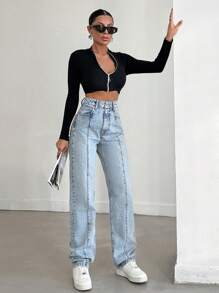 EURMUSE 100%Cotton Solid Color Straight Leg Jeans - Light Wash - View 3