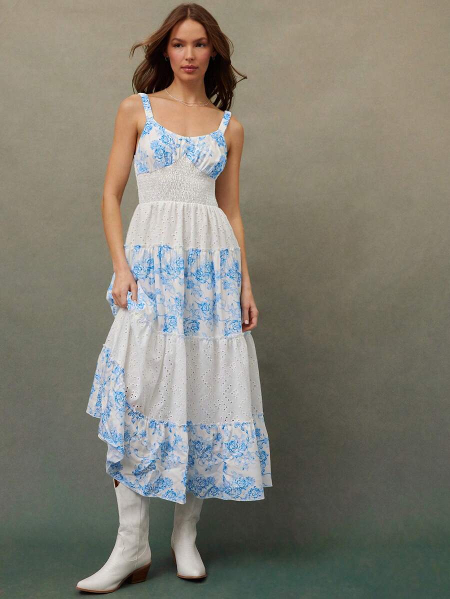 WESTFADE Spring Summer Mixed Floral Pattern And Eyelet Embroidery Smocked Sleeveless Fit And Flare Dress 90s Dress - Blue - View 1