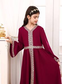 SHEIN Tween Girl Purple Long Sleeve Dress With Golden Trim & Ribbon Decor, Elegant For Occasions, Suitable For Holidays, Parties, Ramadan, Spring/Summer