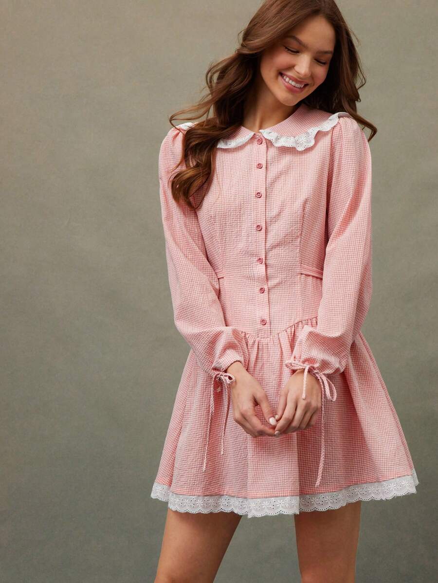 WESTFADE Spring Cowgirl Western Gingham Checkered Plaid Ruffle Lace Collar Puff Sleeve Bow Back Mini Dress - Red and White - View 1