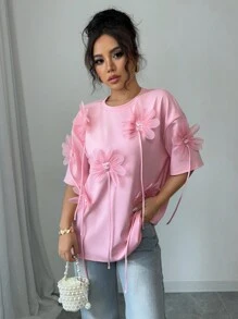 Rafferiza 女士法式优雅 3D 花卉粉色短袖 T 恤，情人节 - 粉色 - 查看 5