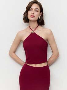 BizChic Red Elegant Women's Halter Long Top And Skirt Set, 2 Pieces, Suitable For Dates In Spring And Summer - Red - View 2