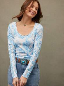 WESTFADE Spring Toile Print Mixed Media Rib Knit & Eyelet Scoop Neck Long Sleeve Twofer Top Festival - Blue - View 3