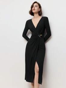 BizChic Black Elegant V-Neck Ruffle Metal Button Closure Long Sleeve Dress For Women, Spring/Summer
