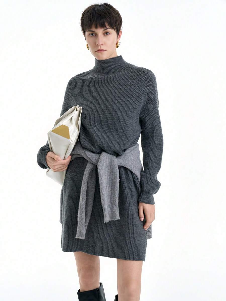 Aalyst 休闲宽松垂坠领针织毛衣裙，秋冬 - 灰色 - 查看 1