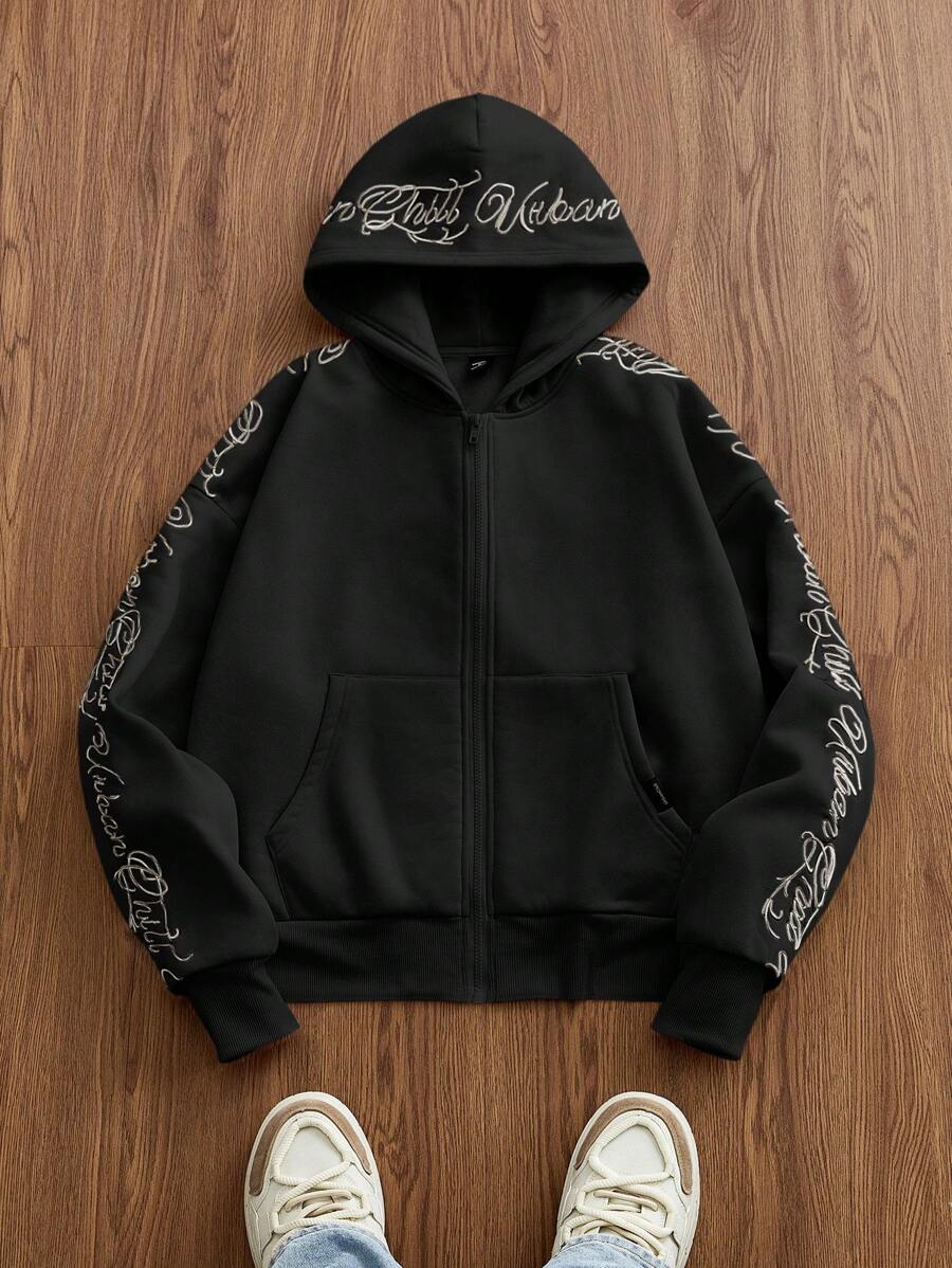 SWAVVY Men's Knitted Fashion Daily Casual Loose Embroidered English Text Hoodie, Fall, Winter, Couple Things, Long Sleeve Top - Black - View 1