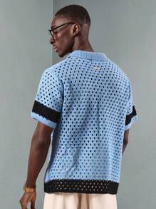 SUMWON Crochet Knit Polo Shirt Summer Beach Casual Retro Pattern Block Design Vintage Style Button Front Streetwear Resort Wear Vacation Ready Fashionable