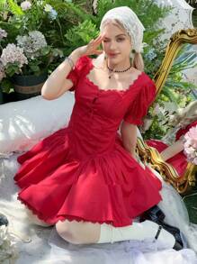 SHEIN Teen Girl And Elegant Square Neck Ruffled Sleeve Lace Panel Dress - Red - View 3