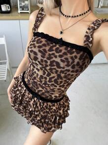 SHEIN 2 peças/Conjunto Top de Alça Jovem Feminina com Estampa de Leopardo e Babado e Saia Mini Ajustada - Castanho - Visão 3