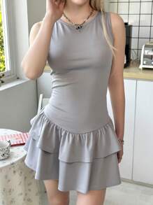 SHEIN Váy Y2K Millennium Style cổ tròn không tay viền bèo nhún thanh lịch cho bé gái tuổi teen - Màu Xám nhạt - Xem 6