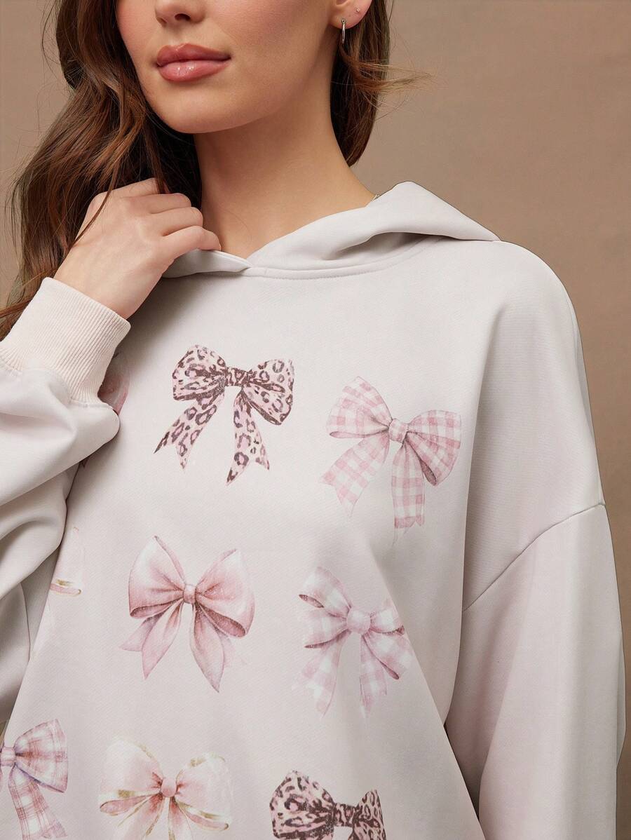 WESTFADE Summer Bow Patterned Graphic Relaxed Long Sleeve Printed Sweatshirt Hoodie For Cowgirl - Baby Pink - View 1