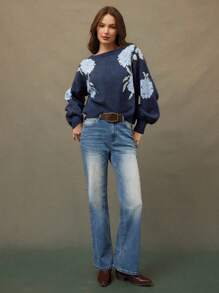 WESTFADE Spring Country Floral Pattern Boat Neck Long Sleeve Knit Sweater - Multicolor - View 2