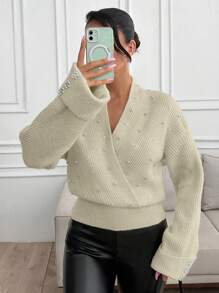 EURMUSE Women Pearl And Rhinestone Detailed V Neck Floral Sleeve End Detailed Soft Touch Elegant Sweater - Beige - View 4