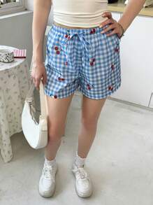 SHEIN 少女休闲中腰樱桃图案格子短裤 - 藍色 - 查看 5