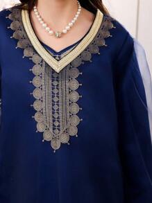 2 件套 Tween Girl 海军蓝网眼披肩和海军蓝长袖连衣裙，配金色饰边，优雅奢华的设计，适合派对、开斋节庆典 - 粉色 - 查看 6