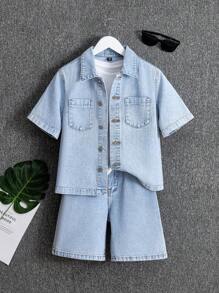 Tween Boys New Casual Fashion Simple Versatile Light Blue Washed Denim Set - Light Wash - View 3