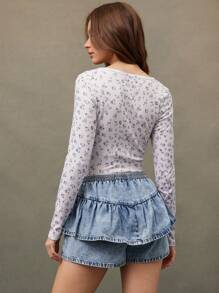 WESTFADE 荷叶边弹力腰部酸洗牛仔短裤 - 藍色 - 查看 2