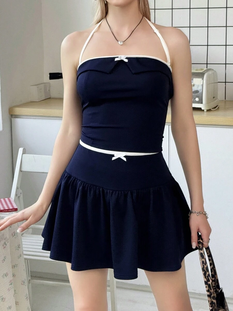 SHEIN 2pcs Teen Girl Set: Fitted Casual Minimalist Comfortable Color Block Bow Decor Spaghetti Strap Tank Top And Mini Skirt - Navy Blue - View 1
