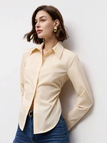 BizChic 杏色通勤长袖女式腰部褶饰上衣，春夏女士衬衫