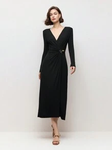 BizChic Black Elegant V-Neck Ruffle Metal Button Closure Long Sleeve Dress For Women, Spring/Summer