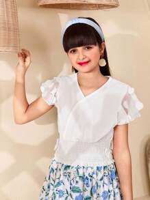 SHEIN Blusa de niña preadolescente de cuello en V blanca con mangas de malla 3D, elegante y femenina, adecuada para salidas y vacaciones