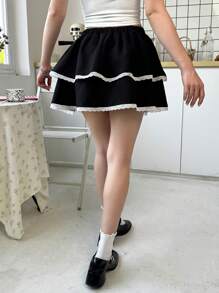 SHEIN Teen Girl Black Ruffled Contrast Floral Lace Trim Big Bow Skirt - Black - View 3