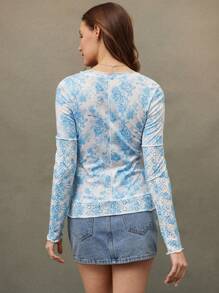 WESTFADE Spring Toile Print Mixed Media Rib Knit & Eyelet Scoop Neck Long Sleeve Twofer Top Festival - Blue - View 4