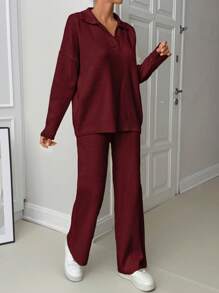RueChic 女士宽松舒适保暖厚款高领毛衣和裤子套装两件套 - 酒紅色 - 查看 4