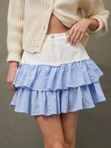 WESTFADE 混合面料格纹分层牛仔迷你裙 女式西式服装 - 白色 - 查看 4