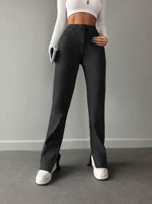 Cottnline High-waisted Split Hem Jeans - Black - View 4