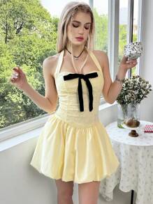 SHEIN Tween 女童修身休闲简约 Y2K 蝴蝶结装饰挂脖拼色连衣裙 - 黃色 - 查看 4