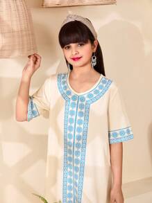 Tween Girl Retro Print Casual Dress For Tween Girls, Elegant - White - View 5