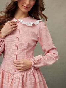 WESTFADE Spring Cowgirl Western Gingham Checkered Plaid Ruffle Lace Collar Puff Sleeve Bow Back Mini Dress - Red and White - View 2