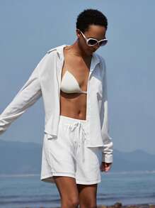 GENKIRA 复古休闲美式学院风纽扣衬衫搭配松紧腰短裤 2 件套，白色简约百搭女装 - 白色 - 查看 3