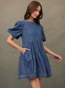 WESTFADE 泡泡袖荷叶边下摆牛仔迷你连衣裙 牛仔女装 - 中等水洗藍 - 查看 4