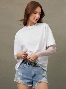 WESTFADE 圆领两件套撞色网眼圆点长袖超大上衣女牛仔风 - 白色 - 查看 5