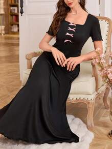 优雅的拼色蝴蝶结装饰女士家居服蝴蝶结 - 黑色 - 查看 3