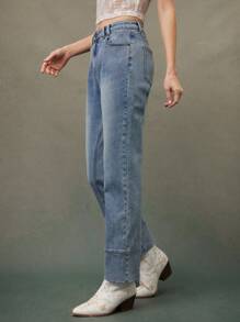 WESTFADE 夏季中腰宽松毛边直筒牛仔裤，适合女牛仔 - 藍色 - 查看 3