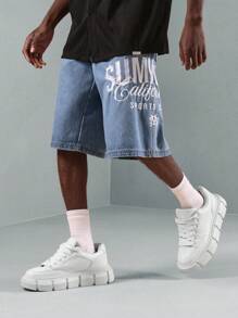 SUMWON Summer Sports Casual Denim Bermuda Shorts With California Embroidered Design, Baggy Fit Street Style Athletic Skater Casual Bottoms