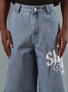 SUMWON Summer Sports Casual Denim Bermuda Shorts With California Embroidered Design, Baggy Fit Street Style Athletic Skater Casual Bottoms