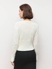 BizChic White Long Sleeve V-Neck Beaded Floral Decor Cardigan For Women, Suitable For Dates, Spring/Summer