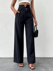 SHEIN Tall Tall Black Slit Waist Straight Pants - Hitam - View 5
