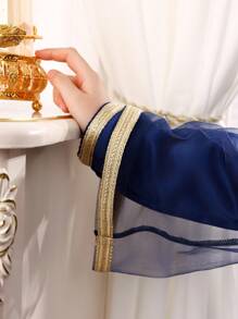 2 件套 Tween Girl 海军蓝网眼披肩和海军蓝长袖连衣裙，配金色饰边，优雅奢华的设计，适合派对、开斋节庆典 - 粉色 - 查看 4