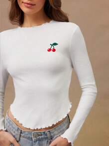 WESTFADE Spring Summer Embroidered Cherry Graphic Crewneck Long Sleeve Tee Cowgirl - White - View 1