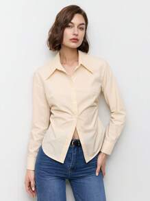 BizChic 杏色通勤长袖女式腰部褶饰上衣，春夏女士衬衫