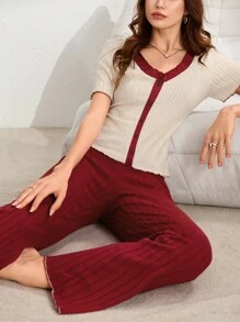 Lazeform Conjunto de pijama informal de mujer con recorte de volantes en contraste de color