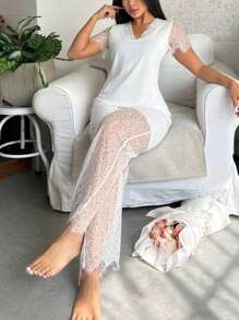 Elegant Sexy White Lace Patchwork Women's Sleepwear Set