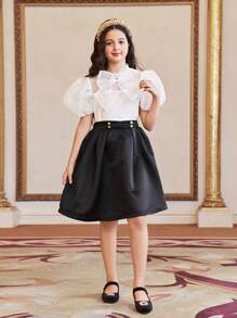 SHEIN Tween Girl 欧根纱白色短袖衬衫，带蝴蝶结装饰，适合派对和场合穿着 - 粉色 - 查看 6